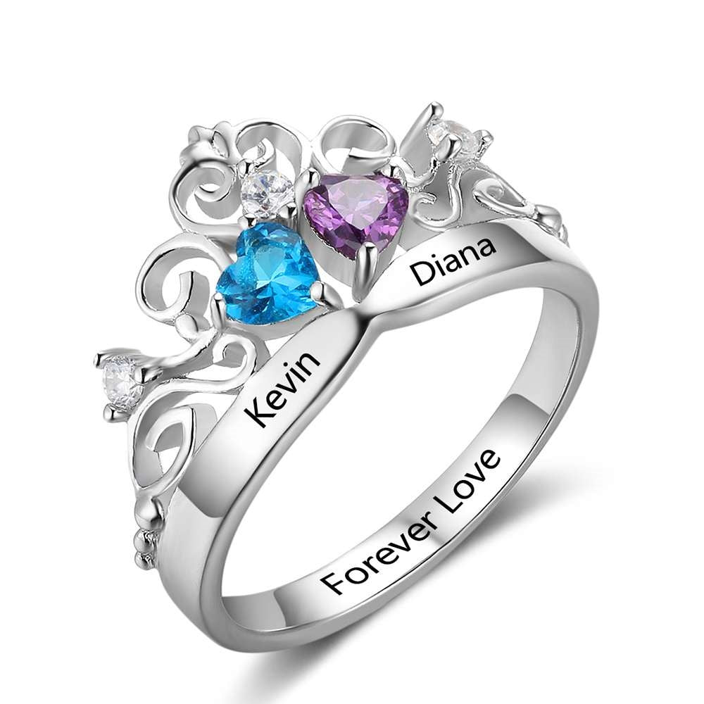 Personalized Art Pattern Crown Birthstone 925 Sterling Silver Ring