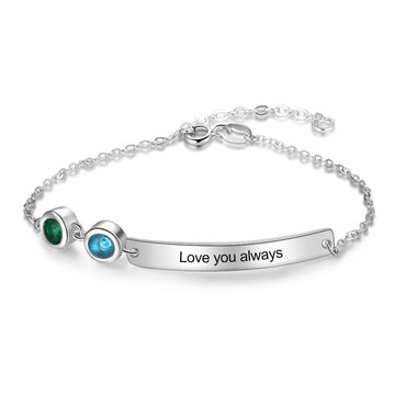 Personalized 2 Birthstones Custom Engraved Name Bracelet