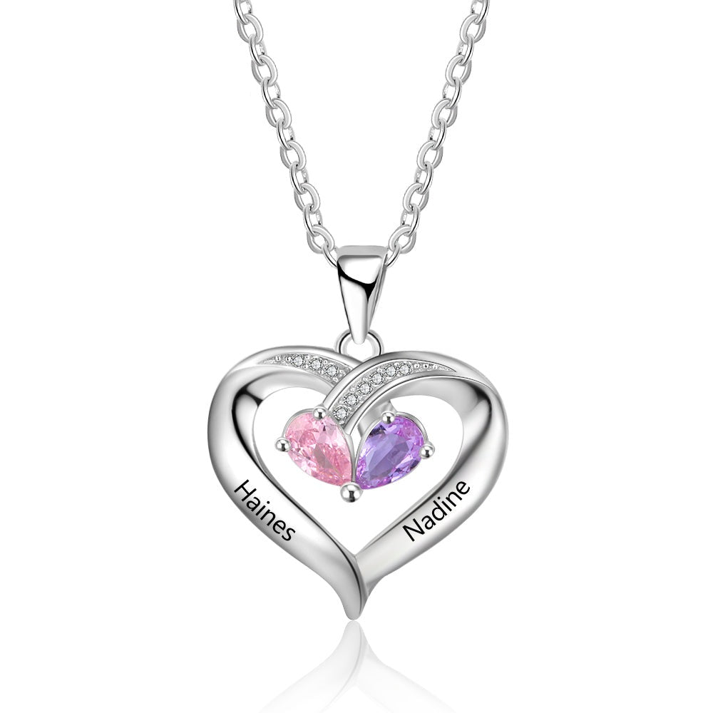 Personalized Birthstone Heart Necklace with Engraving Names 925 Sterling Silver Necklace