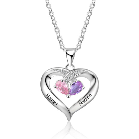 Personalized Birthstone Heart Necklace with Engraving Names 925 Sterling Silver Necklace