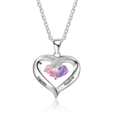 Personalized Birthstone Heart Necklace with Engraving Names 925 Sterling Silver Necklace