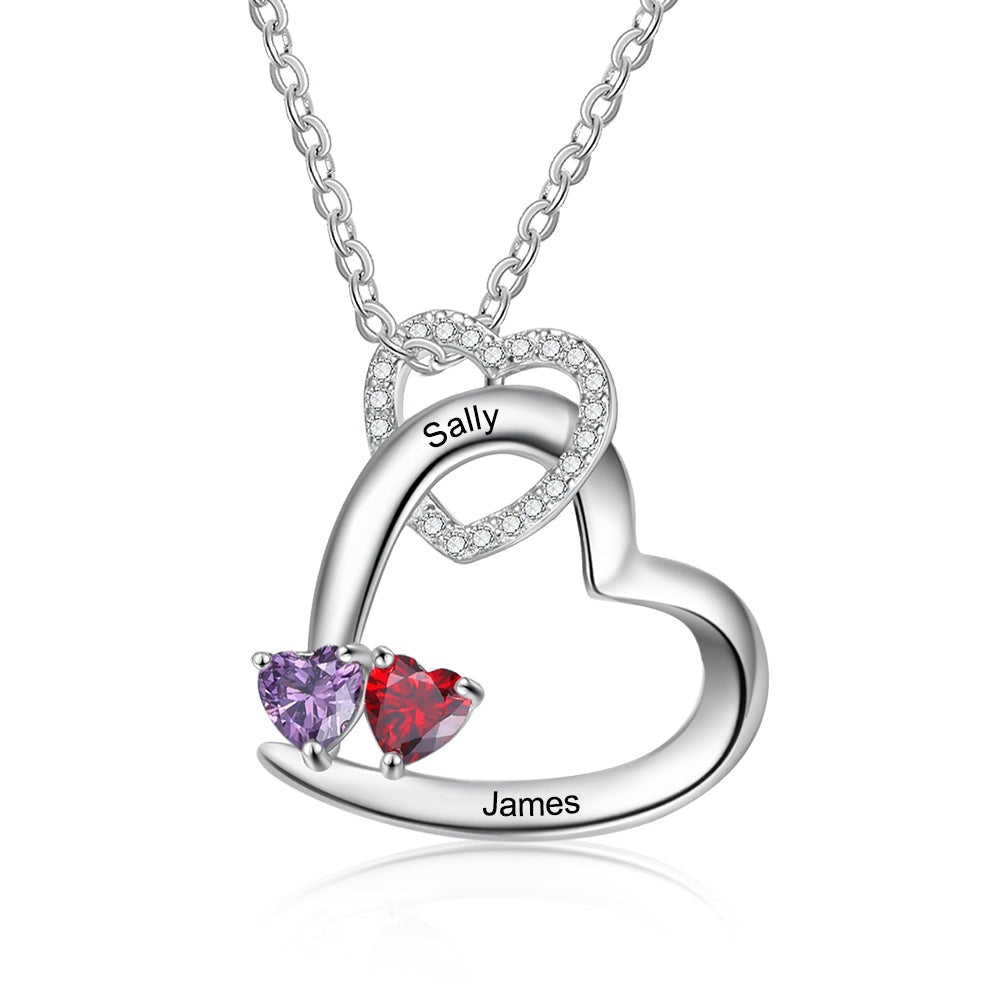 Personalized Birthstone Heart Pendant Necklace Custom Engraving 2 Names Necklace