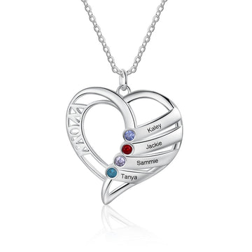 Personalized Birthstone Necklace Custom Family Name Engraved Heart Pendant