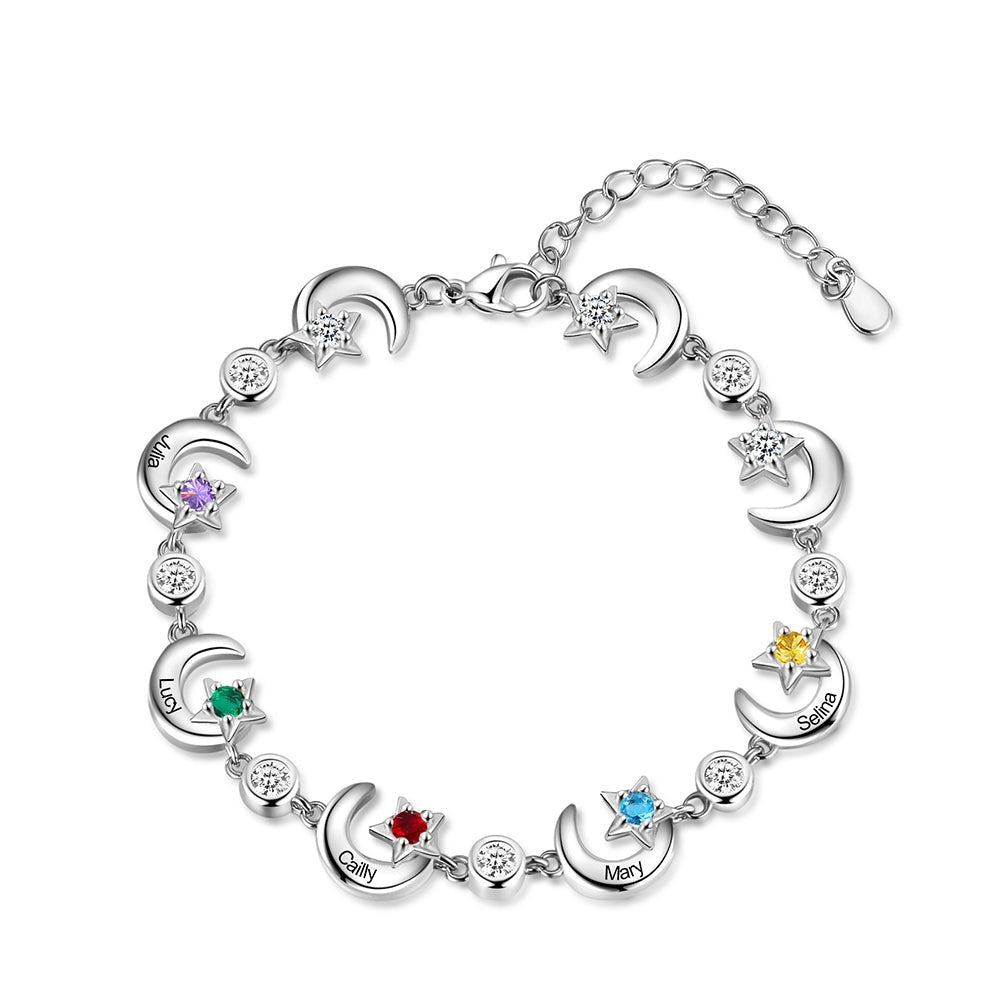 Personalized Birthstone Star Moon Customized 2-6 Name Engraving Bracelet