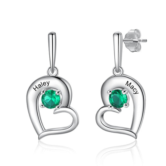 Personalized Birthstone Tilted Heart Custom Name Engraved Stud Earrings