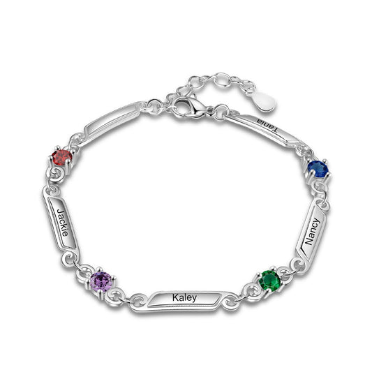 Personalized 4 Birthstones Customized Family Names Engraved Bracelet