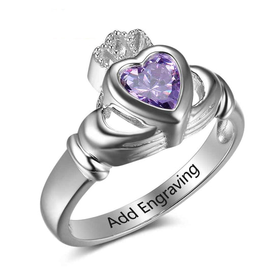Anillo de amor con corona personalizada y piedra de nacimiento grabada con nombre