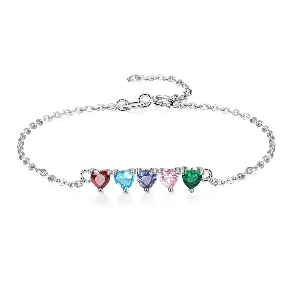 Personalized Custom 5 Heart Birthstones Adjustable Customized Bracelet