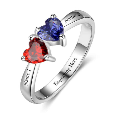Personalized Double Heart Custom Engrave Names Birthstone Promise Ring