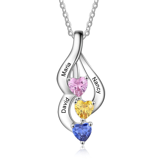 Personalized Engravable Name Necklaces for Women Custom 3 Heart Birthstone Pendant