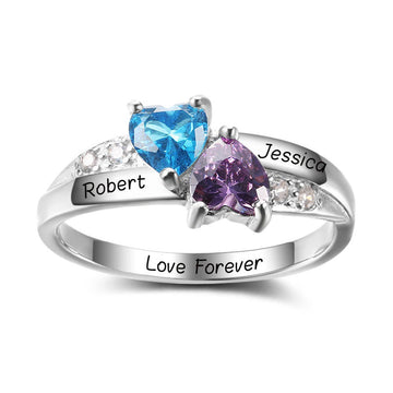 Personalized Engrave Birthstone 925 Sterling Silver Double Heart Stone Name Ring