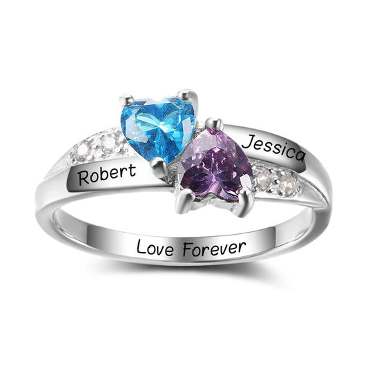 Anillo personalizado con nombre y piedra de nacimiento grabada en plata de ley 925 con doble corazón