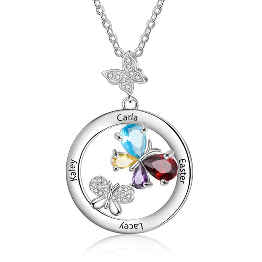 Personalized Engraved Name Butterfly Necklaces for Women Custom 2-6 Birthstone Necklace