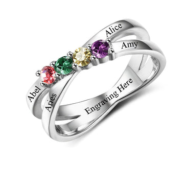 Personalized Family Engrave Names Custom 4 Birthstone 925 Sterling Silver Ring