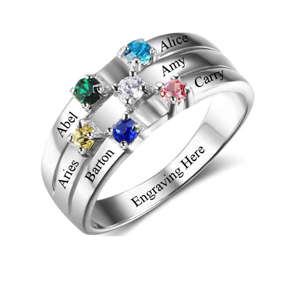 Personalized Family Engrave Names Custom 6 Birthstone 925 Sterling Silver Ring
