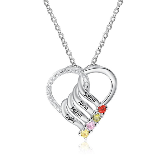 Personalized Family Heart Pendant Necklace with 2-6 Birthstones Customized Engraving Name Necklace