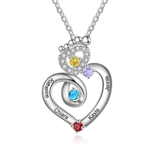 Personalized Foot Zircon Heart Engraved Name Silver Necklaces Customized 1-4 Birthstones Gifts