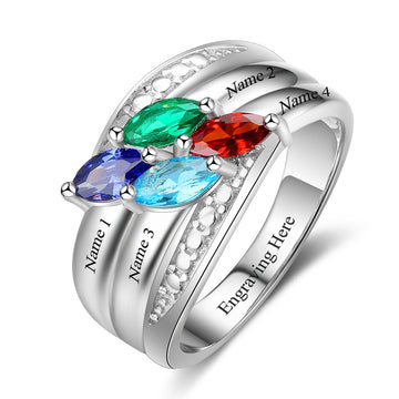 Personalized Engrave 4 Names Birthstone 925 Sterling Silver Ring