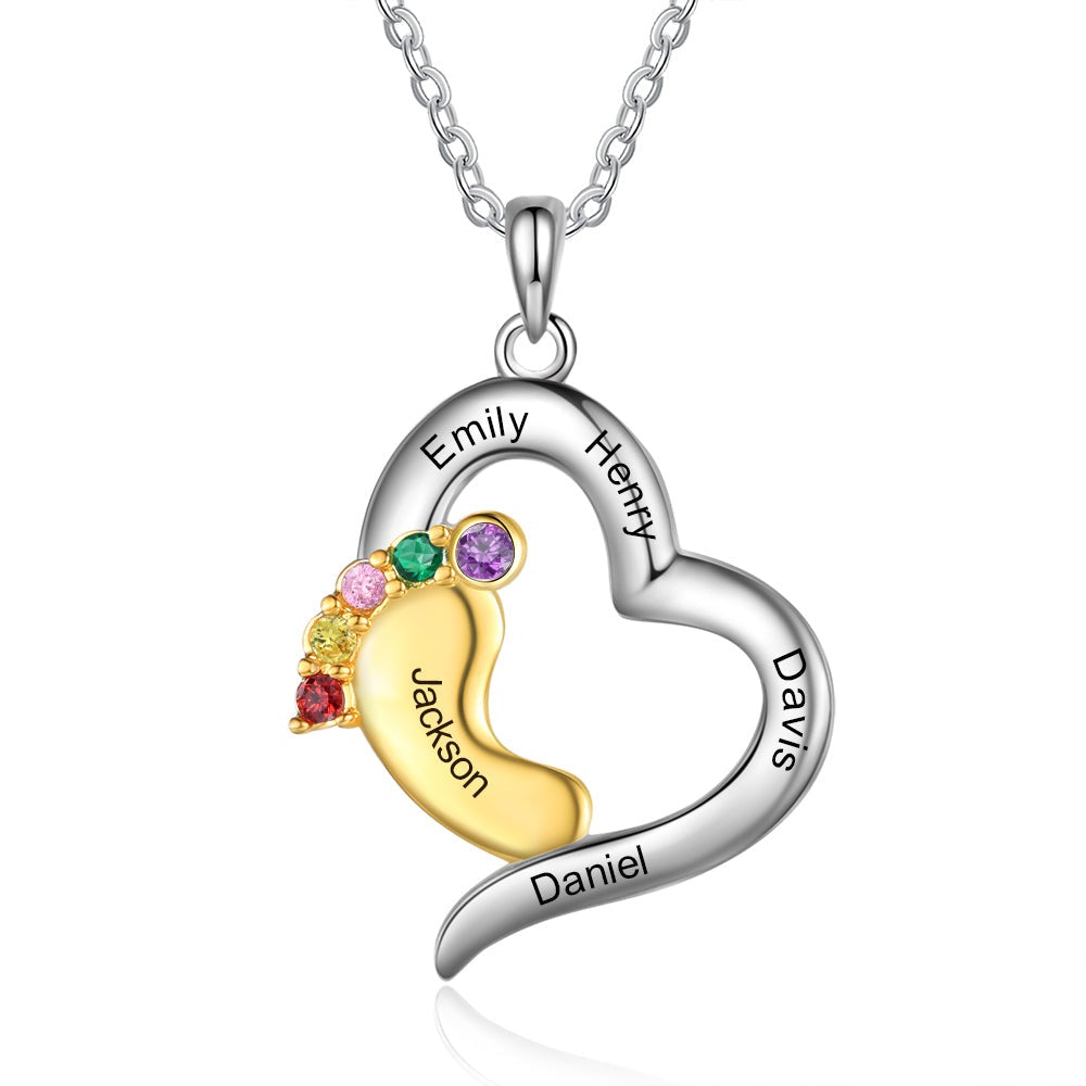 Personalized Gold Foot Necklace With Silver Heart Pendant Custom Name with 1-4 Birthstones Gifts
