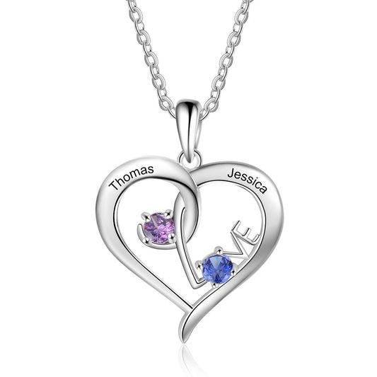 Personalized Heart 925 Sterling Silver Necklace with Birthstone Love Custom Name Engraved Pendant