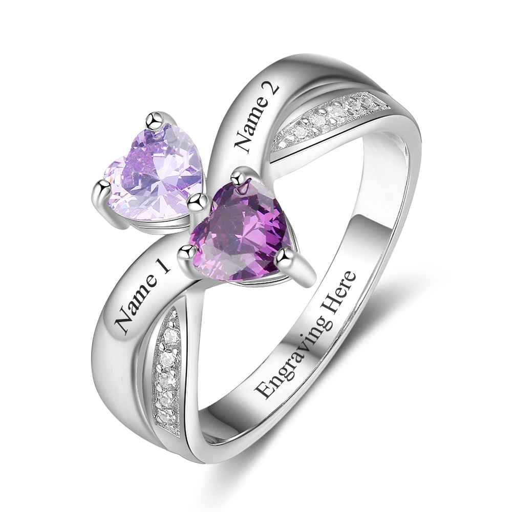 Personalized Heart Birthstone Engrave 2 Names 925 Sterling Silver Ring