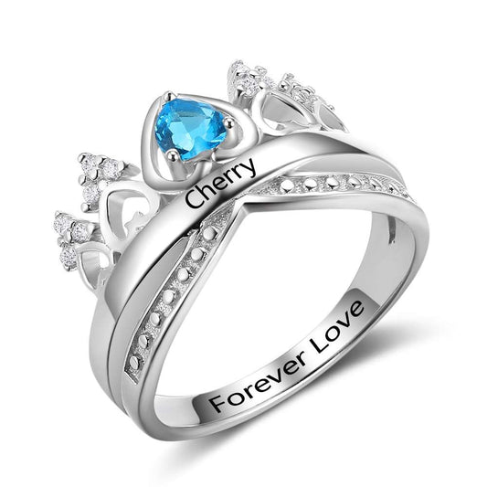Anillo de plata de ley 925 con piedra de nacimiento y corona de corazón personalizada