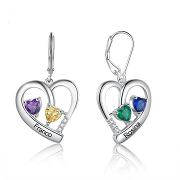 Personalized Heart 4 Birthstones Customized 12 Colors Engraved Name Hoop Earrings