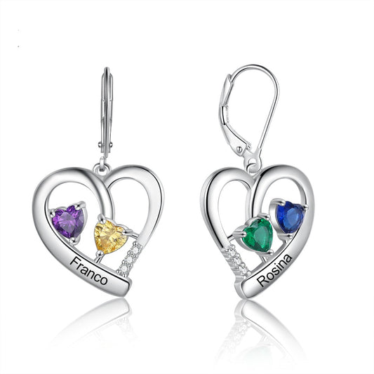 Pendientes de aro personalizados con corazón, 4 piedras de nacimiento y nombre grabado en 12 colores.