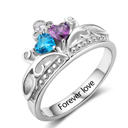 Anillo personalizado con nombre grabado, corona y piedra de nacimiento en plata de ley 925 con diseño de corazón