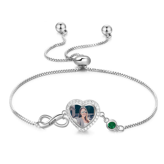 Personalized Heart Photo Customized Birthstone Engraved Name Adjustable Bracelet