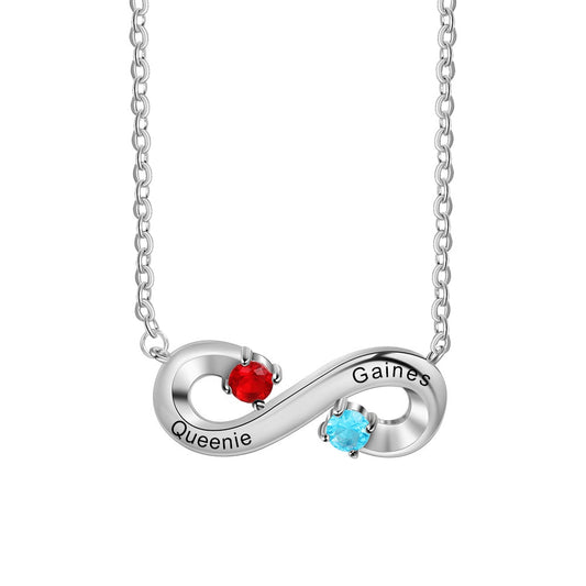 Personalized Infinity 925 Sterling Silver Necklace with 2 Birthstones Custom Engraved Name Necklace