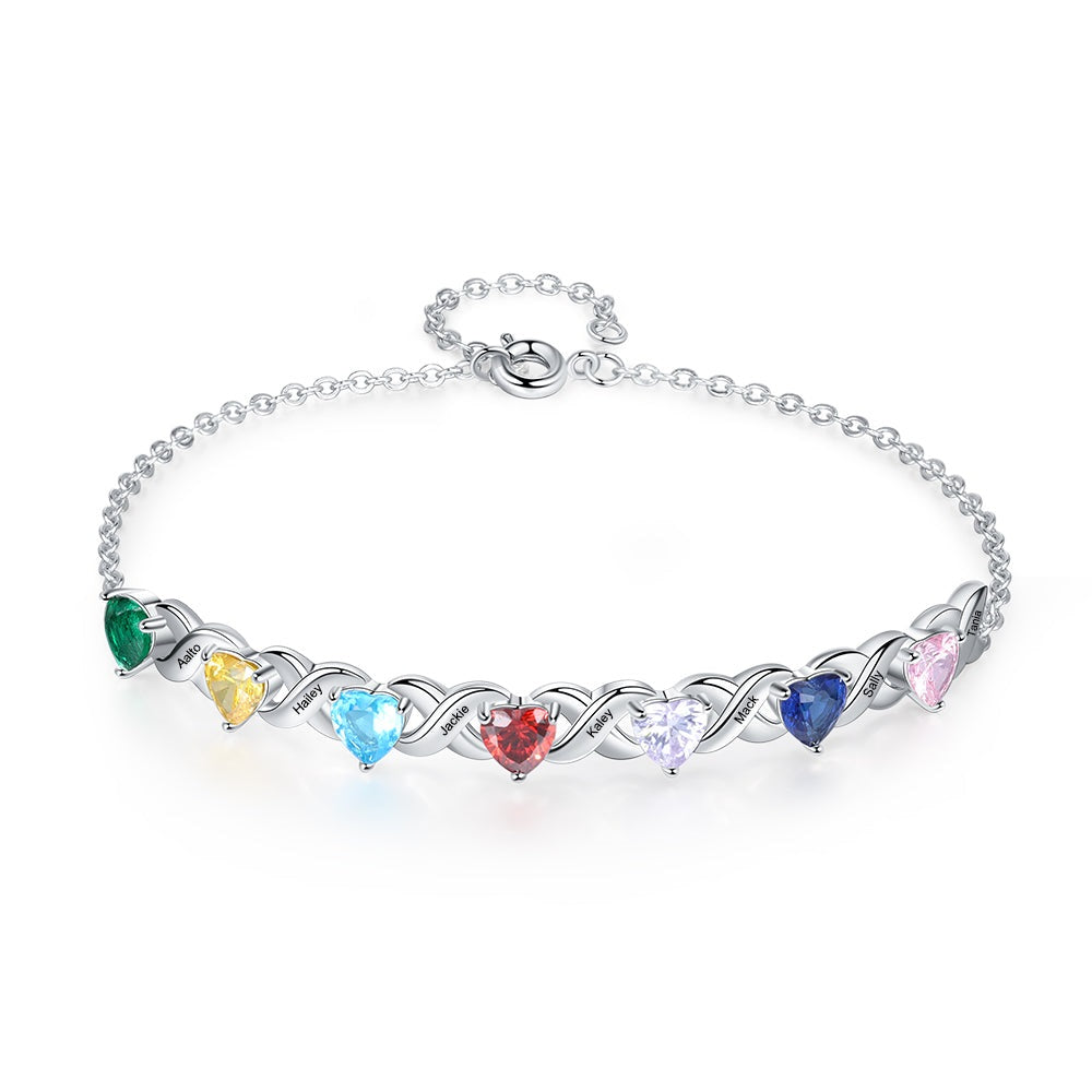 Personalized Inlaid 2-7 Heart Birthstone Customized Engraved Name Bracelet