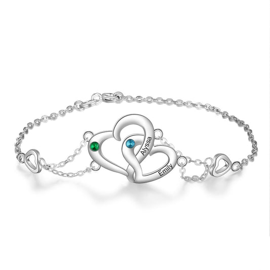 Personalized Intertwined Heart Birthstone Engraved Name Bracele