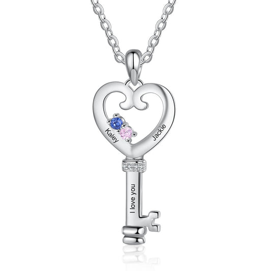 Personalized Key Necklace Charm Pendant with Heart Engraved Names Memory Jewelry