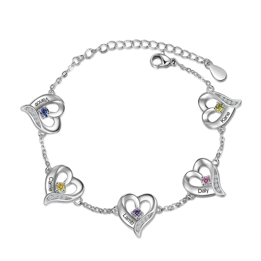 Personalized Multi-Heart Birthstone Customized  1-5 Name Engraving Bracelet
