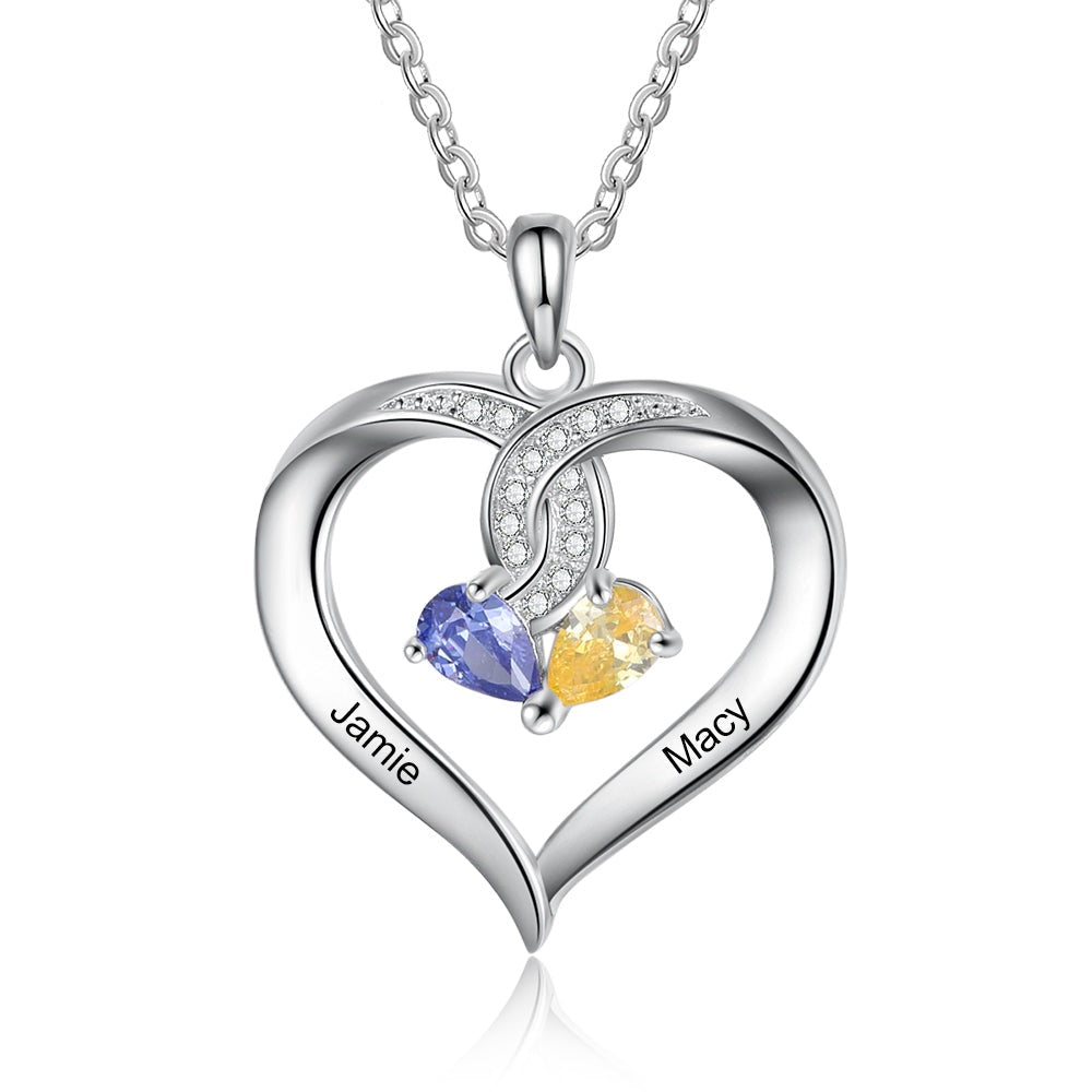 Personalized Name Engraved Heart Pendant Necklace with 2 Birthstones Customize Necklace