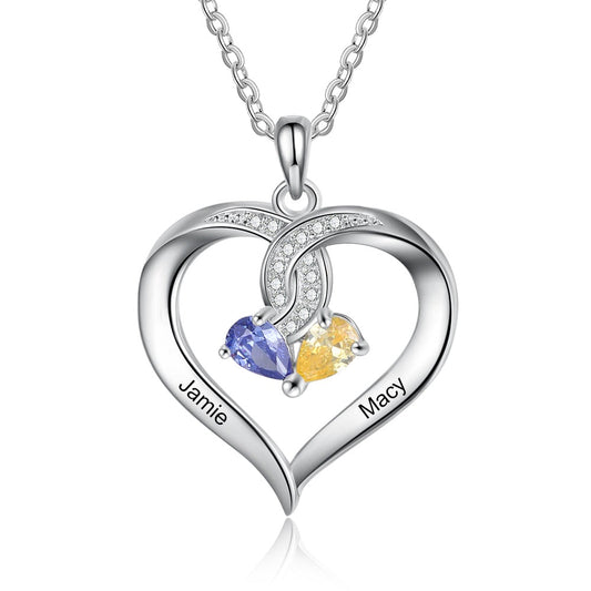 Personalized Name Engraved Heart Pendant Necklace with 2 Birthstones Customize Necklace