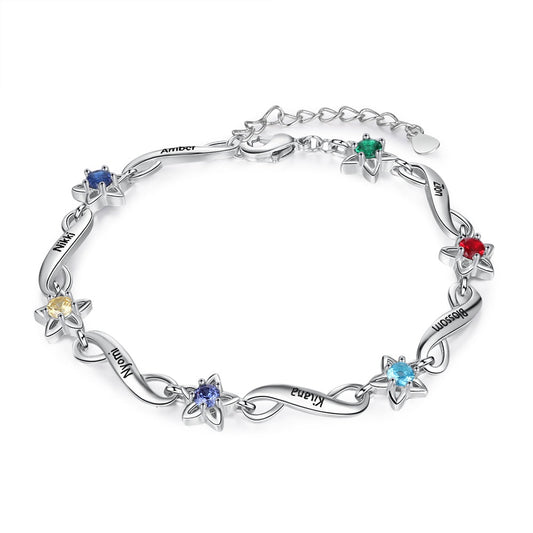 Personalized Name Engraving 2-7 Inlaid Birthstone Flower Bracelet