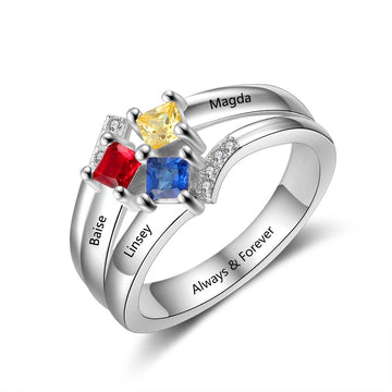 Personalized Name 3 Square Birthstones Real 925 Sterling Silver Ring