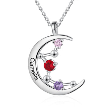 Personalized Necklace Constellation Moon Pendant for Women Customized 3 Birthstones Silver Jewelry