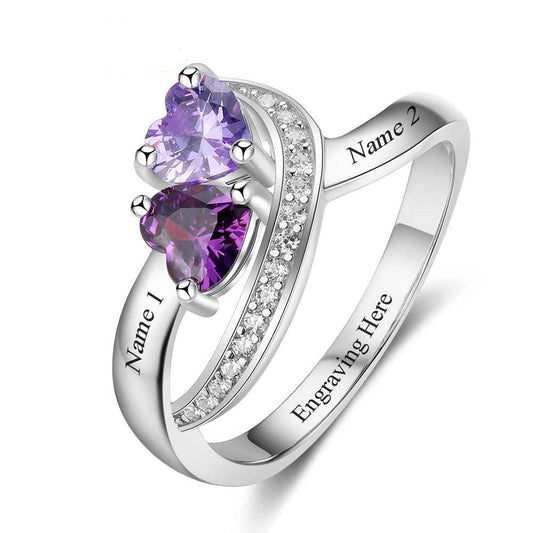 Personalized Heart Birthstone Custom Engrave 2 Names 925 Sterling Silver Ring