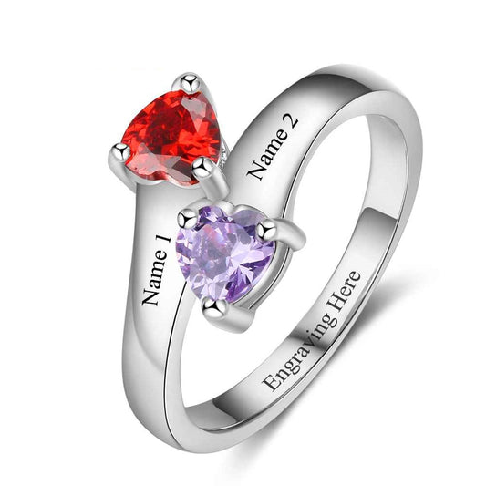 Anillo de plata de ley 925 con piedra de nacimiento de corazón personalizada y grabado personalizado de 2 nombres