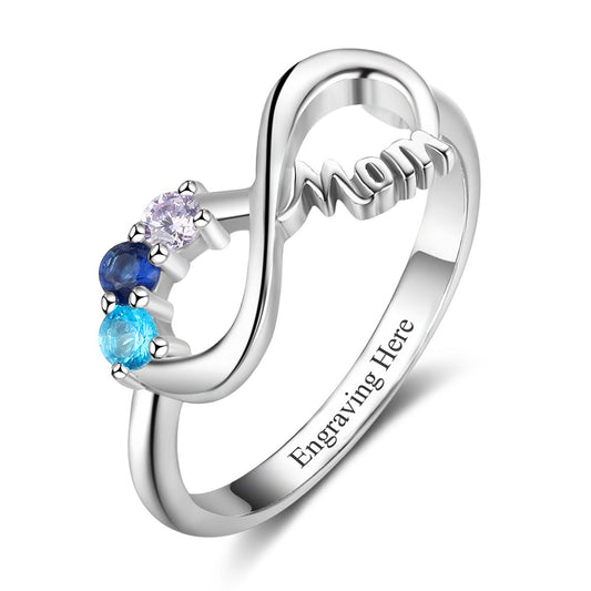 Anillo de plata de ley 925 personalizado con 3 piedras de nacimiento y grabado interior personalizado.