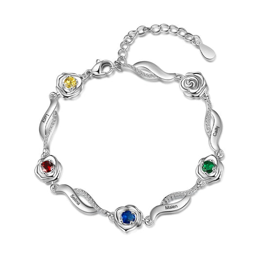 Personalized Rose Flower1-5 Name Engraving Customized Inlaid Birthstone Bracelet