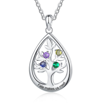 Personalized Tree of Life Necklace with Birthstone Customized Engraving Water Drop Pendant Jewelry