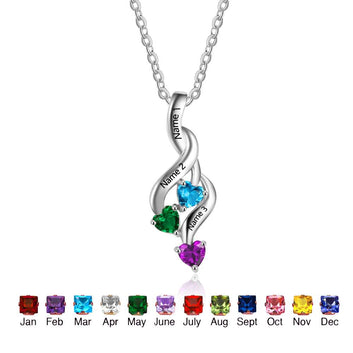 Personalized 12 Birthstone 3 Heart Engrave Name Pendant Necklace 925 Sterling Silver Jewelry