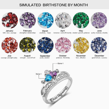 Anillo personalizado con nombre grabado, corona y piedra de nacimiento en plata de ley 925 con diseño de corazón