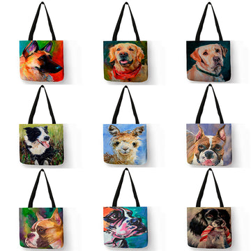 Cute Bulldog Pug Print Shopping Bag Hunter Retriever Oil Painting Shoulder Bag
