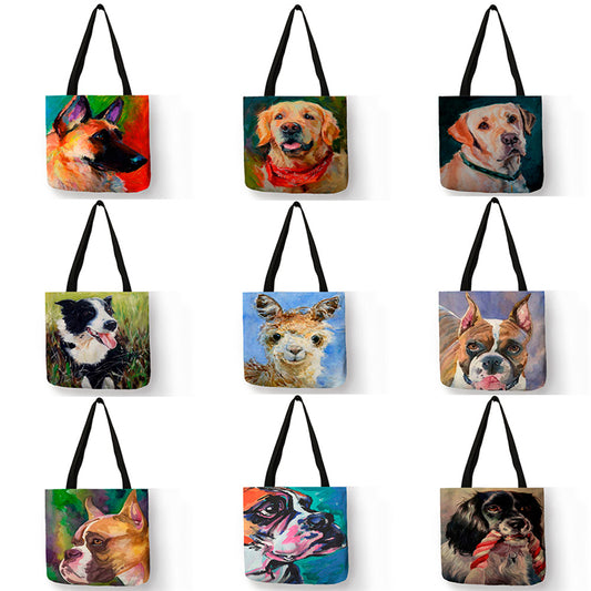 Bonita bolsa de compras con estampado de bulldog y pug, bolso de hombro con pintura al óleo de cazador y retriever.