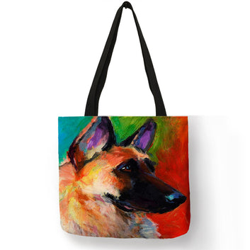 Bonita bolsa de compras con estampado de bulldog y pug, bolso de hombro con pintura al óleo de cazador y retriever.